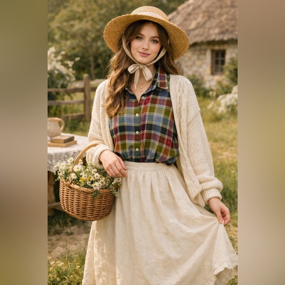 Lemon Grass Tops - Lemon Grass Plaid Floral Embroidered Button Up Shirt XL 100% Cotton